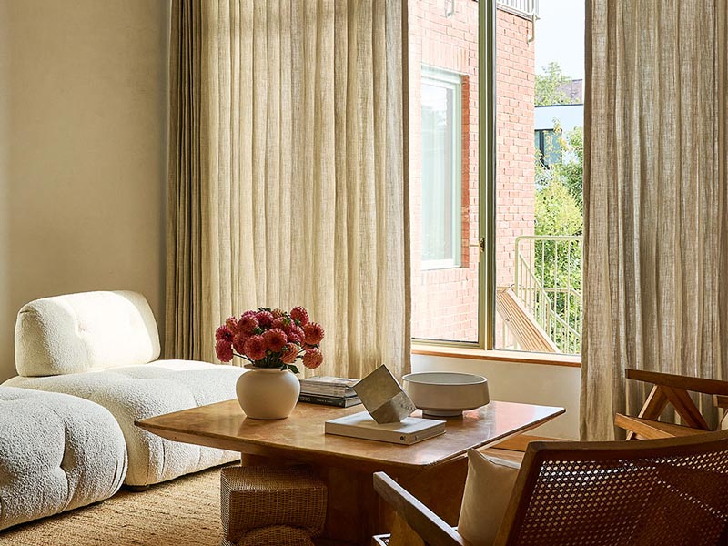 olive pleat drapery in living room